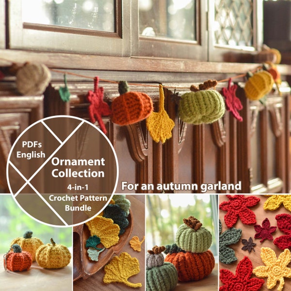 Fall Crochet Pattern Bundle: Autumn Garland Ornament Collection, pumpkin, ginkgo, maple, PDFs for instant download