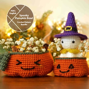 Halloween Crochet Pattern Bundle, No Sew Amigurumi Ghost in a Pumpkin Basket, PDFs for instant download