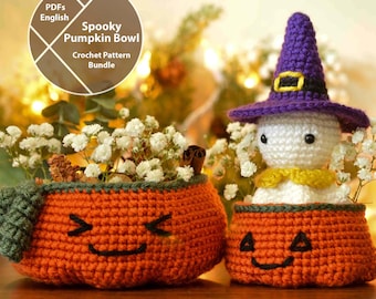 Halloween Crochet Pattern Bundle, No Sew Amigurumi Ghost in a Pumpkin Basket, PDFs for instant download