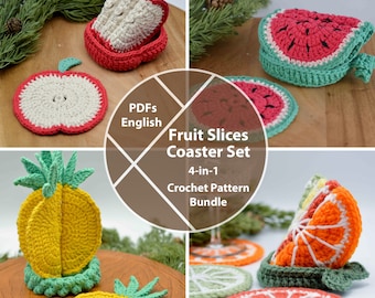 Fruit Slices Coaster Crochet Pattern Bundle, Apple, Citrus, Watermelon, Pineapple, PDFs for instant download