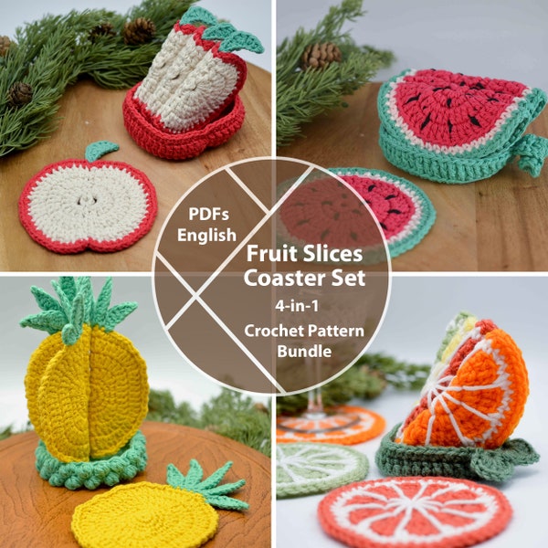 Fruit Slices Coaster Crochet Pattern Bundle, Apple, Citrus, Watermelon, Pineapple, PDFs for instant download