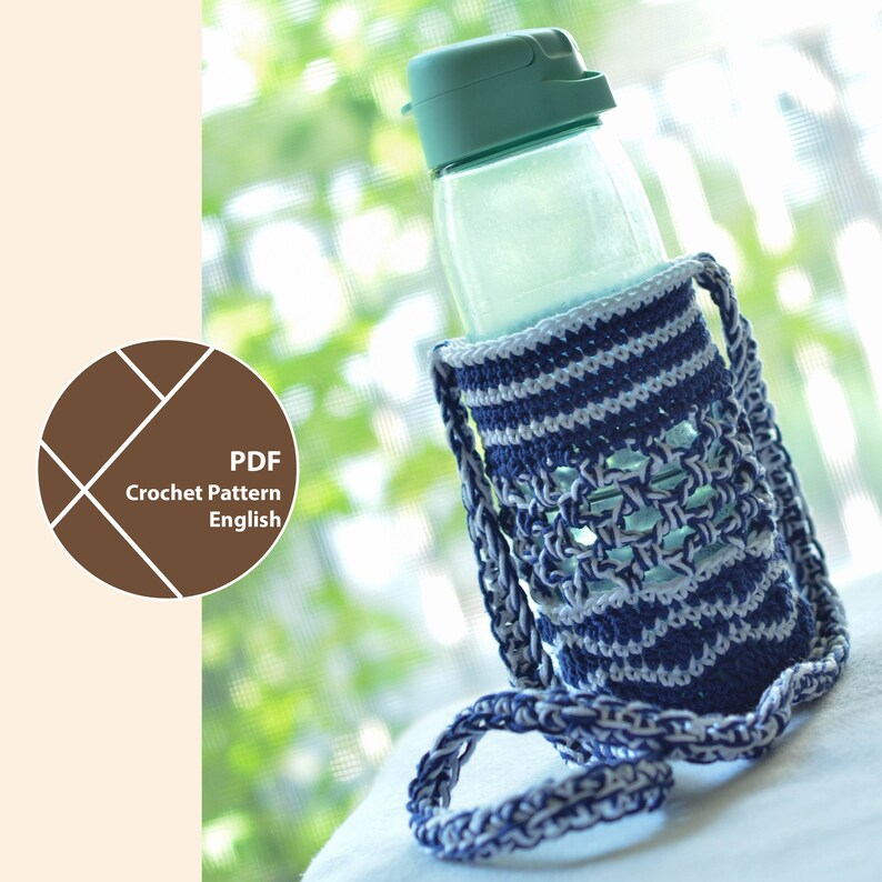 May include: A clear water bottle with a green cap is encased in a blue and white crocheted holder. The holder has a strap for carrying. The image also includes the text "PDF Crochet Pattern English".