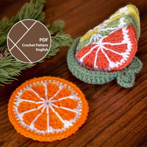 Puede incluir: Patrón de crochet para un conjunto de rodajas de naranja, pomelo y lima. El patrón está disponible en formato PDF y está escrito en inglés.