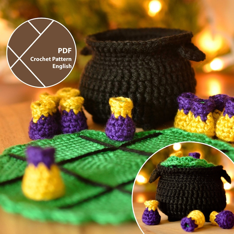May include: A black crocheted cauldron with a green interior sits among several small, crocheted potion bottles in purple and yellow. The bottles are arranged on a green crocheted leaf. The image also includes a graphic with the text "PDF Crochet Pattern English."