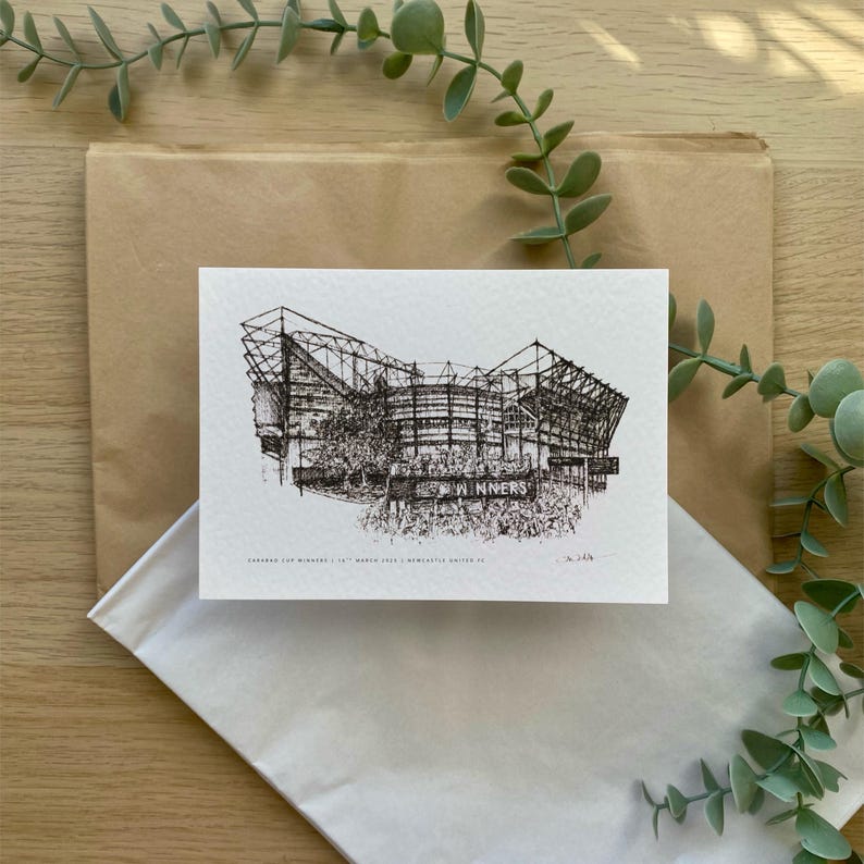 St James' Park, Newcastle United Football Club Stadium ink drawing. Signed by Artist. A6 Dappled Textured Paper 300gsm.