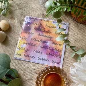 Bevande biglietto d'auguri acquerello, biglietto d'arte dipinto cocktail per compleanni, biglietto scritto a mano, regalo per gli amanti del vino