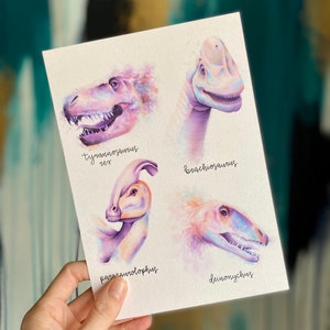 Postal A5 Arte Mini Impresión Dino Colección Arte Rosa Pared Arte Acuarela Postal Para Enmarcar Dinosaurio Arte de la pared Decoración del dormitorio de los niños