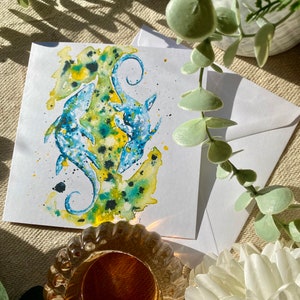 Mosasaurus aquarel wenskaart, handgeschilderde dino-kunstkaart voor verjaardagen, prachtig op de natuur geïnspireerd cadeau, dinosaurusschilderij