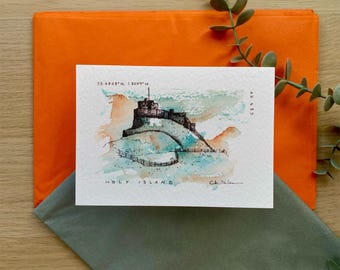 Grafika Holy Island | Zabytki Wielkiej Brytanii | Sztuka podróżnicza | Ilustracja z Northumberland