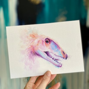 Carte postale A5, mini impression Art Deinonychus, art mural rose, aquarelle, carte postale à encadrer, art mural dinosaure, décoration d'intérieur