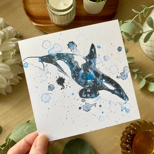 Orca aquarel wenskaart, handgeschilderde zeedieren kunstkaart voor verjaardagen, prachtig op de natuur geïnspireerd cadeau, orka, zeedieren kunst
