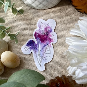 Pegatina de acuarela violeta, vinilo para botella de agua, diseño floral de nacimiento, pegatina floral para portátil, vinilo impermeable, regalo para amantes de las plantas.