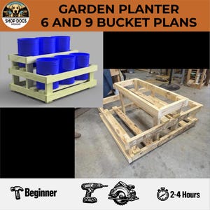 Ontwerptekeningen voor plantenbakken in emmers van 5 gallon (ca. 19 liter) - inclusief tekeningen voor emmers van 6 en 9 gallon (ca. 23 liter).