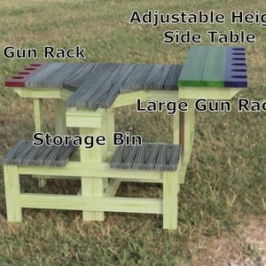 May include: A wooden gun rack with an adjustable height side table and storage bin. The gun rack has a large gun rack and is painted in light green with gray and red accents. Text on the image includes "Gun Rack", "Adjustable Height Side Table", "Large Gun Rack", and "Storage Bin".