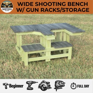 Dual Shooting Bench DIY Digital Plans - Includes extra wide table and seats - Gun rack - Storage Tray - Step-by-step drawing with Cut List