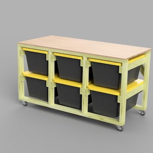 May include: A yellow wooden rolling cart with six black storage bins. The cart has a wooden top and wheels.