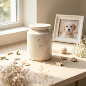 Puede incluir: Una urna conmemorativa para mascotas de cerámica color crema con tapa, que presenta una huella de pata en relieve y el nombre JUNO en la parte frontal. El recipiente cilíndrico tiene un acabado liso y brillante y se mantiene erguido.