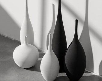 Nordic Handmade Vase - Modern Ceramic Vase - Minimalist Vase - White Long Vase - Home Decor - Black Nordic Vase