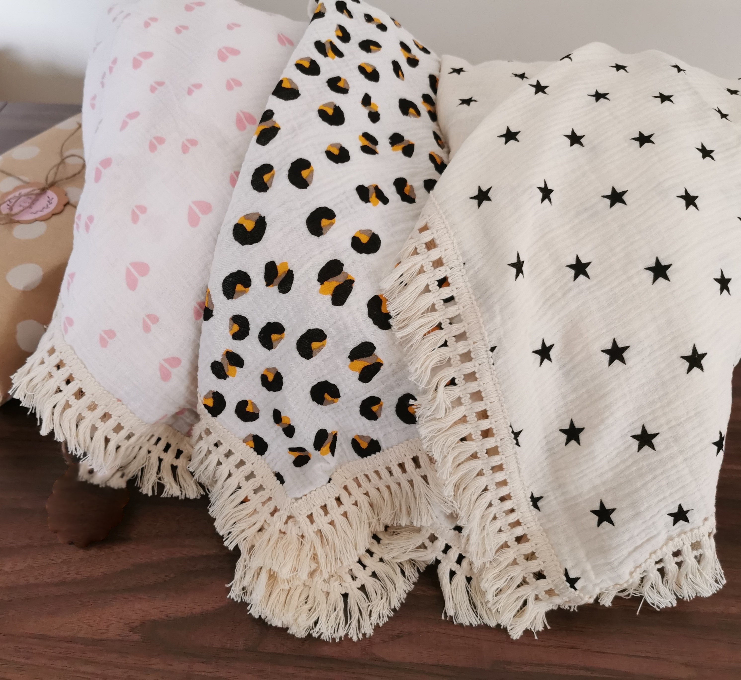 Printed Baby Boho Fringe Blanket Blankets Two layers Cotton Muslin Swaddle Wrap for Newborn Toddler Baby Essential Blanket Baby Gift