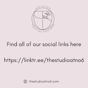 May include: A light pink graphic with the text "Find all of our social links here" and a link to a social media page. The image also includes the text "SVG STUDIO CREATING HAPPINESS" and a website address.