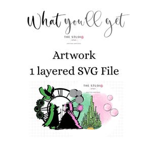 May include: Artwork image with text "What you'll get" and "Artwork 1 layered SVG File". The image features a black and green silhouette of a witch, a clock, and a pink and green castle.