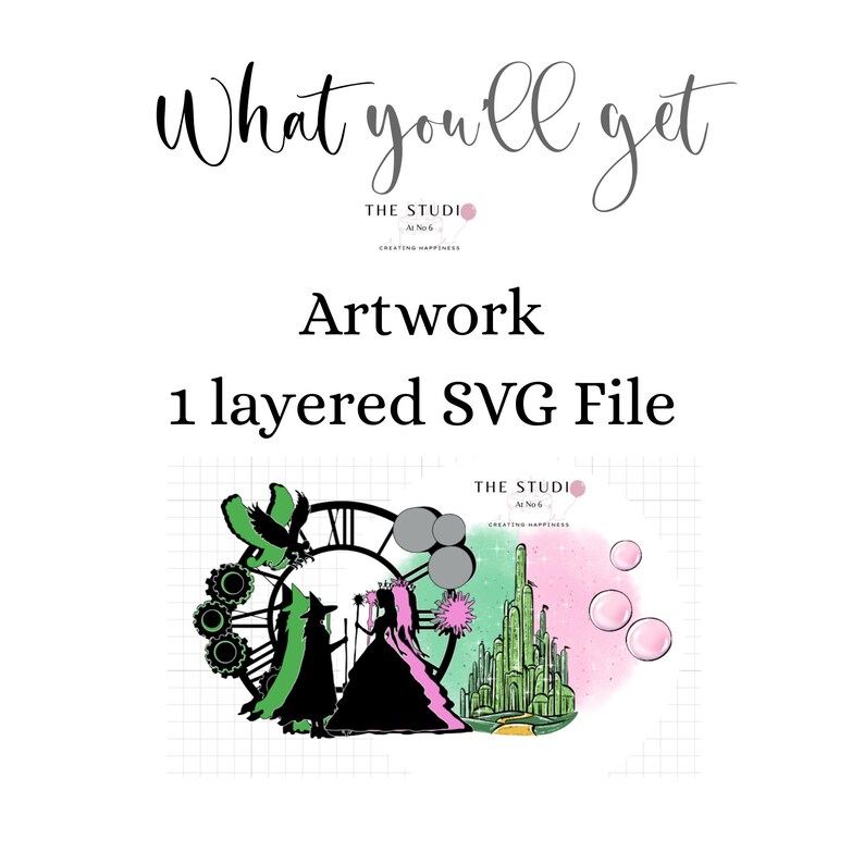 May include: Artwork image with text "What you'll get" and "Artwork 1 layered SVG File". The image features a black and green silhouette of a witch, a clock, and a pink and green castle.