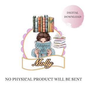Puede incluir: Gráfico de descarga digital que muestra a una mujer leyendo un libro con el texto "Capítulo 16". Una pila de libros está sobre su cabeza, y otra pila está a su derecha. El nombre "Molly" se muestra debajo. El texto "Descarga digital" está en un círculo rosa.