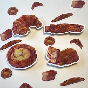 Adesivi per gatti di pane - gattino, gatti carini, pagnotta di gatto, croissant per gatti, pasticceria danese per gatti / pane weiner per gatti, baguette per gatti, mini adesivi, testurizzati