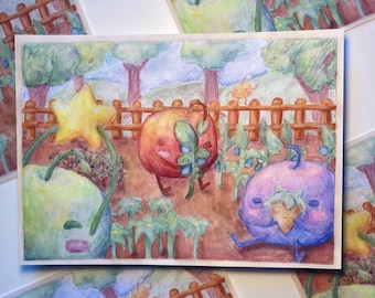 Junimo Watercolor Print - cute stardew valley inspired farm art print fanart