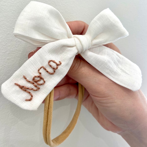 Custom Name Bow- Hand Embroidered Name Bow, Baby Girl Bow, Back to School Bow, Toddler Bow