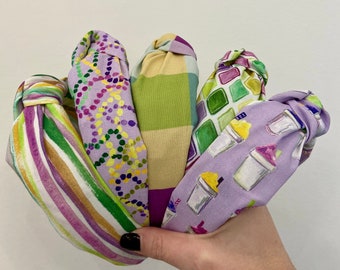 Mardi Gras Knotted Headband - Topknot Headband, Knotted Headband,  Mom Headband, Messy bun headband, Mardi Gras, Mardi Gras Headband
