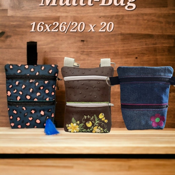 Stickdatei Multi-Bag in 3 Varianten (Umhängetasche, Bauchtasche, Leckerliebeutel) ab dem 16x26/20x20 Rahmen. Endgröße 14x18,5cm