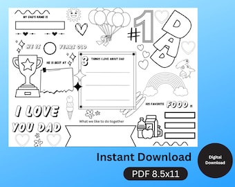 Father’s Day Printable Coloring Page | Printable All About Dad Fill In Canva Template | Father’s Day Gift | Father’s Day Activity for Kids/