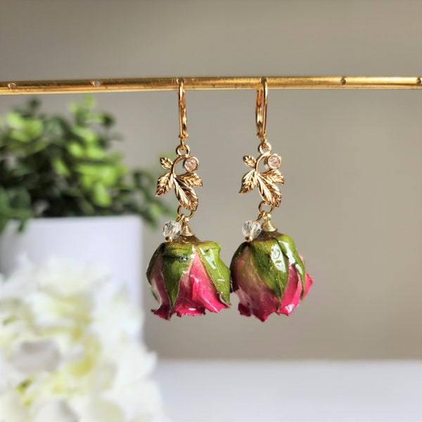 Natural rose dangle earrings, Real rose flower earrings, Floral earrings, Gift for her