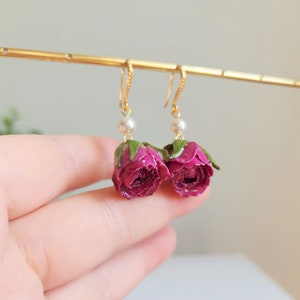 Purple rose dangle earrings, Rose flower earrings, Real floral rose earrings, Gift for her