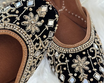 Black Mirror Indian Pakistani Punjabi Jutti/Black Khussa/Black Traditional Wedding Party Shoes For Women