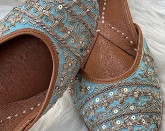 Firozi Light Blue Indian Pakistani Punjabi Jutti/Firozi Khussa/Firozi Mojari Traditional Wedding Party Shoes For Women