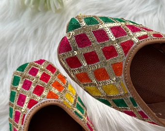 Multicoloured Fulkari Indian Pakistani Punjabi Jutti/Multicolour Fulkari Style Khussa/Mojari/ Wedding Shoes/Rainbow Punjabi Jutti For Women