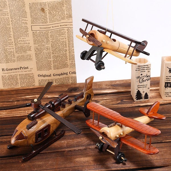 Wooden Helicopter, Retro Wood Airplane, Plane Toy for Boy, Kids Room Decor, Birthday Gift for Son