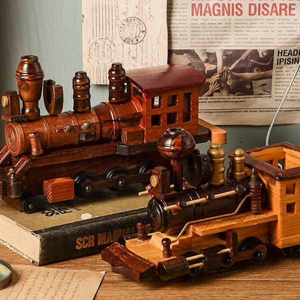 Wood Train Toy, Retro Train Model, Handmade Wooden Ornament, Desk Shelf Decor, Christmas Gift for Kids, Boys