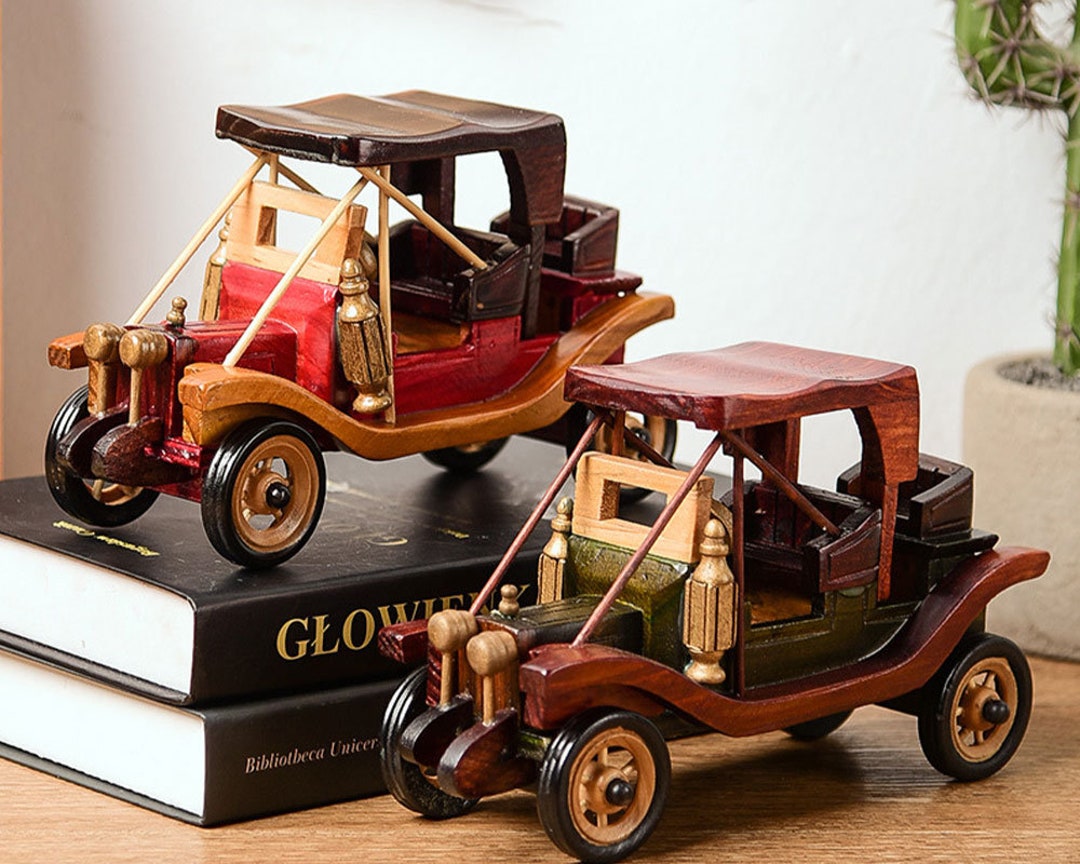 Handmade Vintage Car Ornament, Wood Car Toy, Home Office Desk Shelf