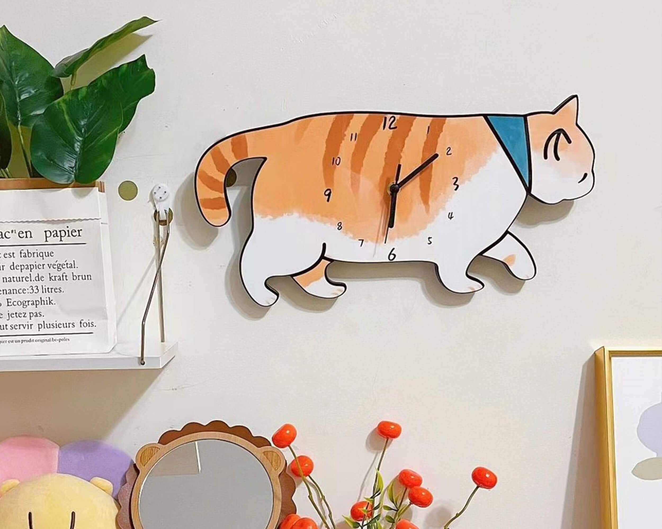 Cute Cat Clock Wooden Wall Clock Cartoon Desk Clock Unique Etsy Hong Kong