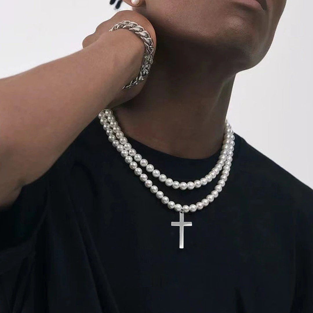 Pearl Cross Necklace for Men Cool Pearl Necklace Cross Etsy