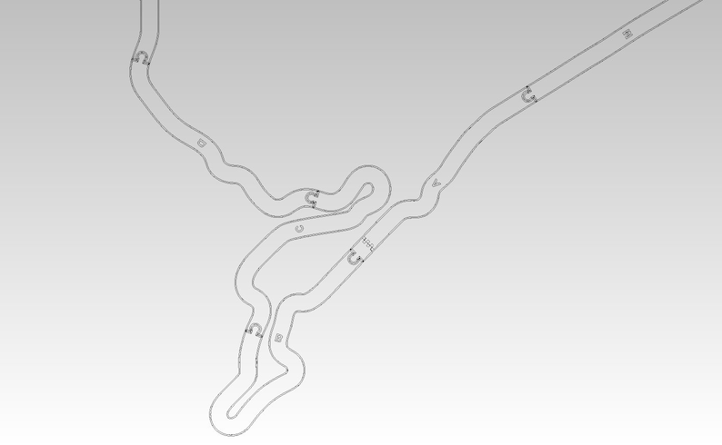 May include: A black and white line drawing of a race track with numbered turns. The track has a long straight away and a series of tight turns.