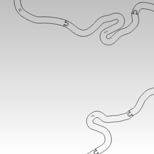 May include: A black and white line drawing of a race track with numbered turns. The track is shaped like a figure eight with a long straight section in the middle.
