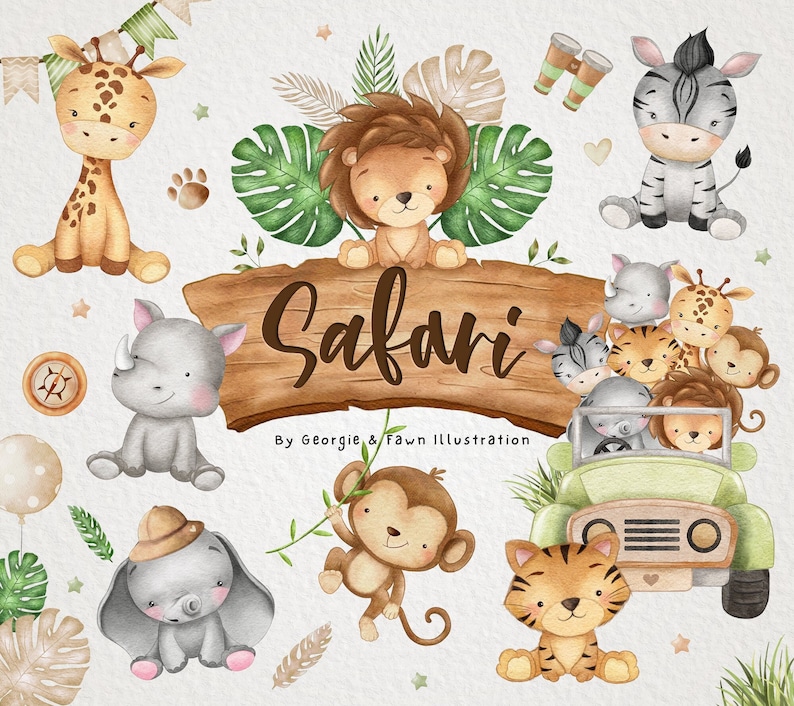 Safari Watercolour Graphics Set Watercolour Safari Animal Etsy