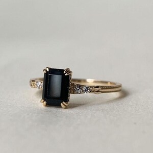 Black Onyx Engagement Ring Emerald Cut 14K Rose Gold Engagement Ring Cluster Ring CZ Diamond Bridal Ring Promise Ring Anniversary Gift