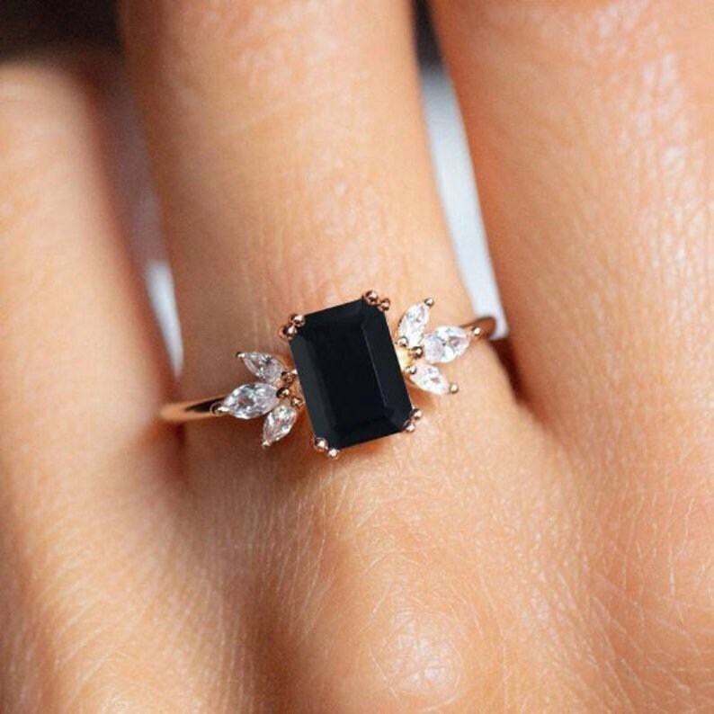Black Onyx Engagement Ring Emerald Cut 14K Rose Gold Etsy