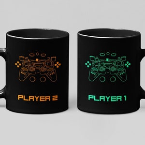 Player 1 Player 2 Black Mugs | PS Gamer Gifts | 2 Players Gifts | Fun Gaming Gifts | 11oz Ceramic Mugs