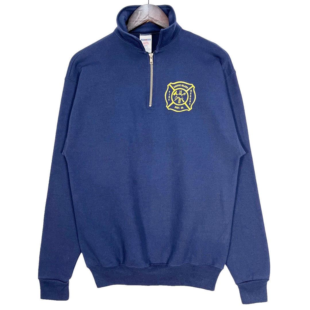 Vintage Sauvie Island Fire Rescue Firefighters Fireman Quarter Zipper Anorak Big Logo Printed